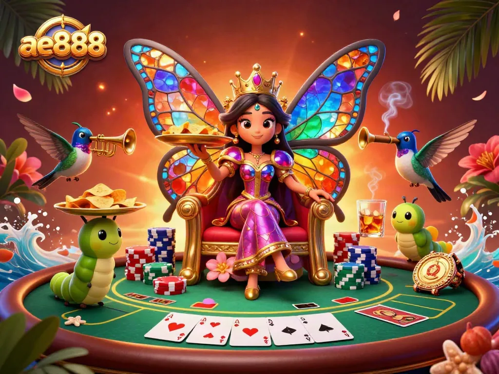 Experience the excitement of ae888 casino with a vibrant poker scene featuring a butterfly queen and colorful chips.