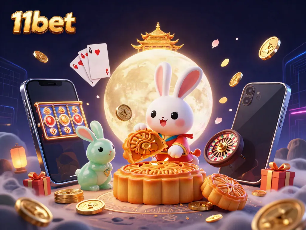 Engage in thrilling gaming experiences with 11bet, as moon rabbits unveil poker chips on a vibrant lunar casino floor.