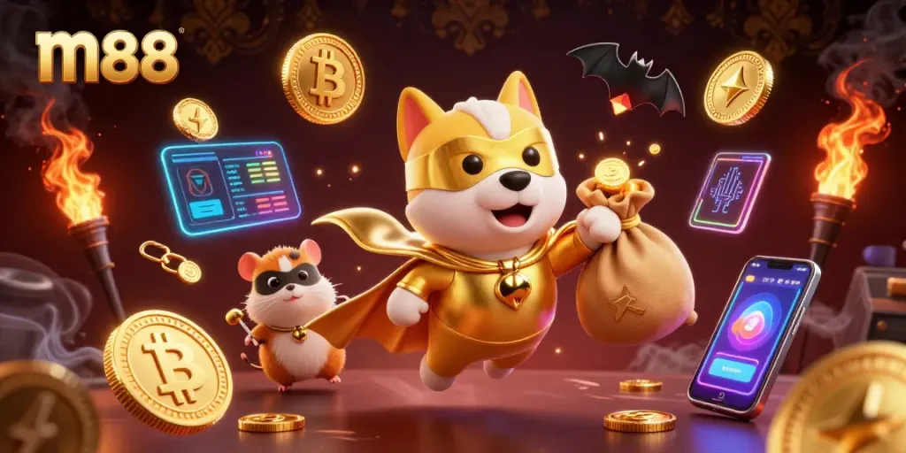 Join the action at m88 with a superhero dog and hamster flying amidst gold coins and crypto elements.