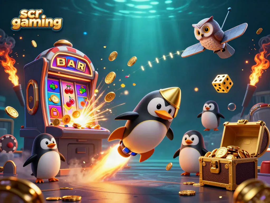 Experience scr gaming with a thrilling 3D penguin in space, jackpot machines and casino excitement.