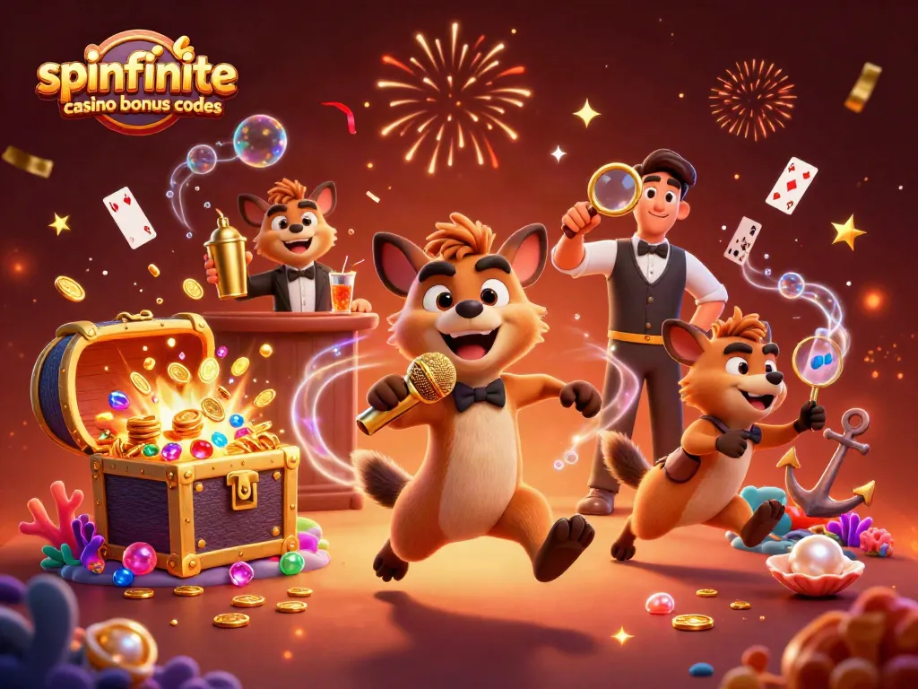 Experience Spinfinite Casino Bonus Codes with hyenas in a lively comedy casino setting, rich with vibrant details.