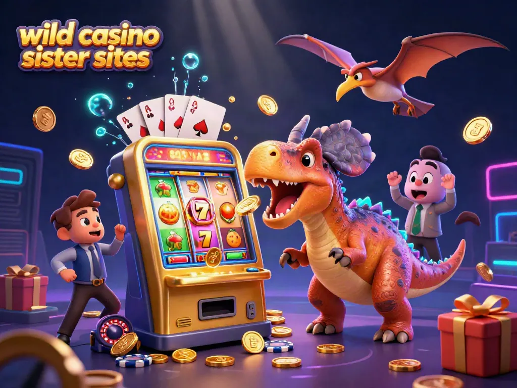 Celebrate the thrill of winning at wild casino sister sites with a dynamic cartoon scene of dinosaurs and gaming fun.