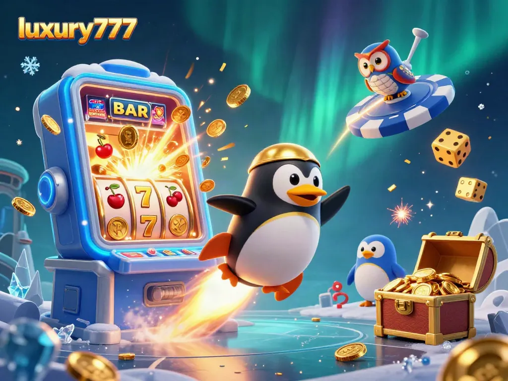 Experience luxury777 with a golden penguin racing towards a slot machine jackpot, capturing the thrill of gaming.