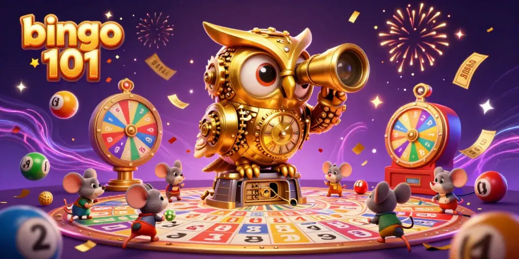 Permainan bingo 101 yang menarik dengan bola bernomor, tiket emas, dan aksi pengundian.