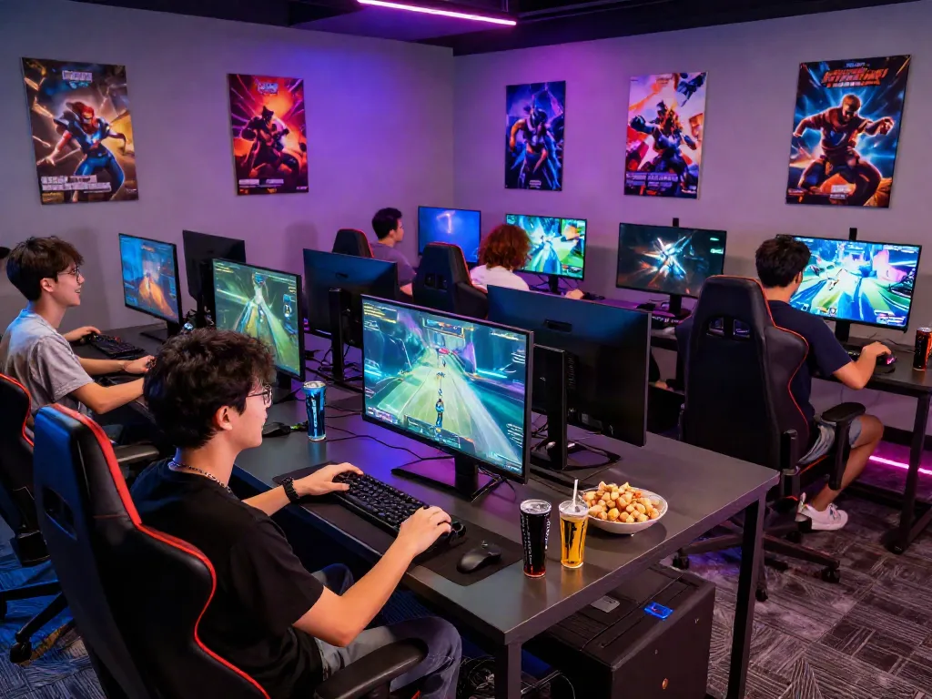 qqmacan gaming lounge with diverse players enjoying multiplayer games.