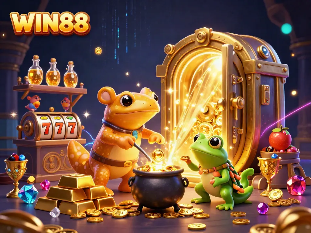 Experience the excitement of WIN88 with this vibrant 3D illustration of magical casino elements.