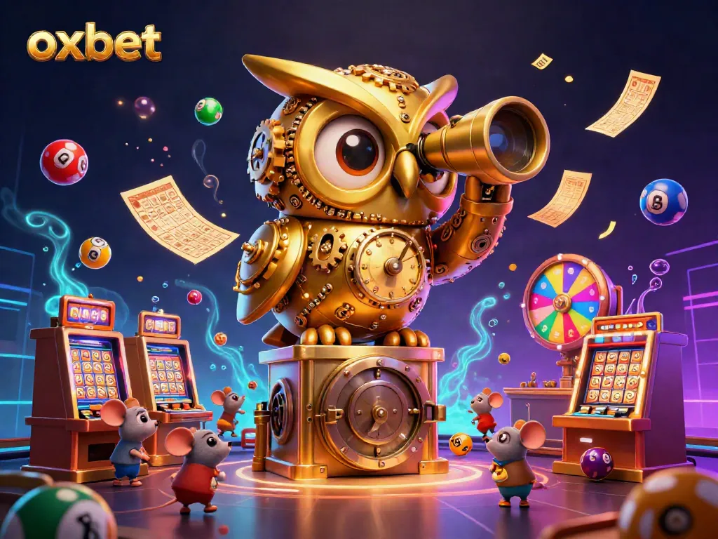 Experience and win at oxbet with a vibrant, dynamic casino scene featuring a golden owl and playful mice.