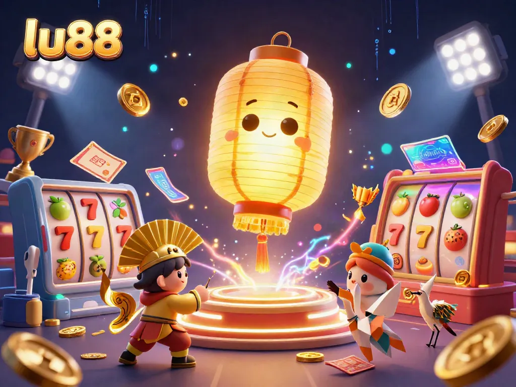 Engage with the vibrant gambling scene at lu88, showcasing dynamic slot reels and golden characters.