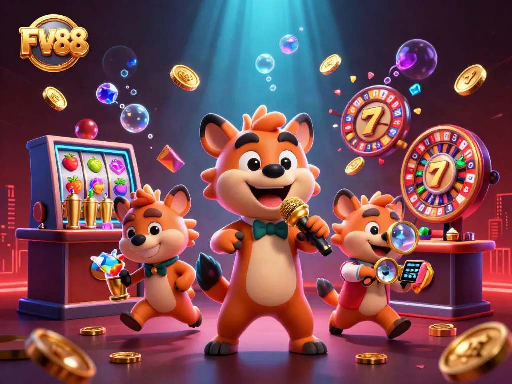 Engage in winning strategies at FV88 with cartoon hyenas showcasing casino excitement.