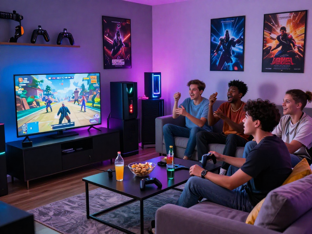 Bermain permainan video di ruangan modern dengan teman-teman, suasana gaming bos88 yang seru dan menyenangkan.