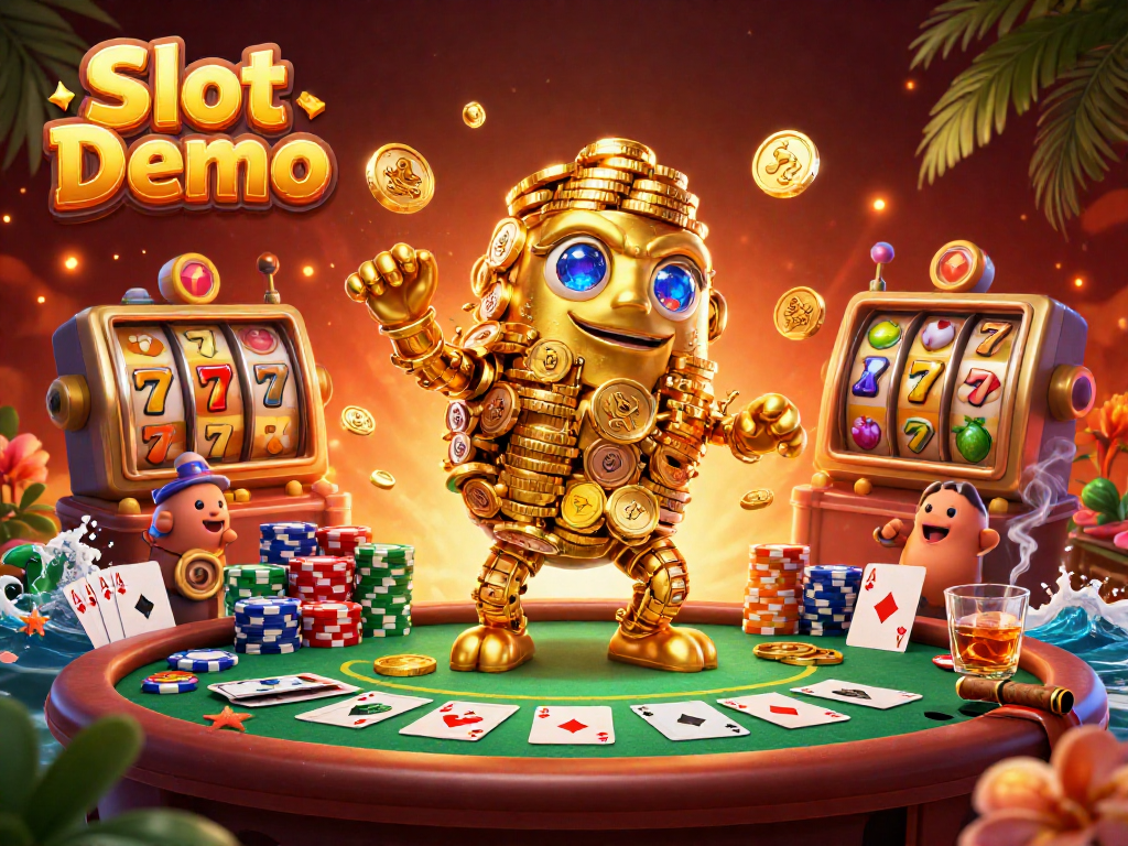Play Slot Demo with a golden golem, vibrant slot reels, and poker elements in action.