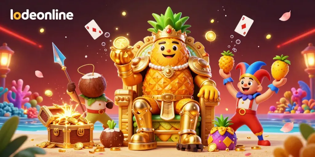 Engage with lodeonline's vibrant casino scene featuring a golden pineapple king amid treasure and gaming excitement.