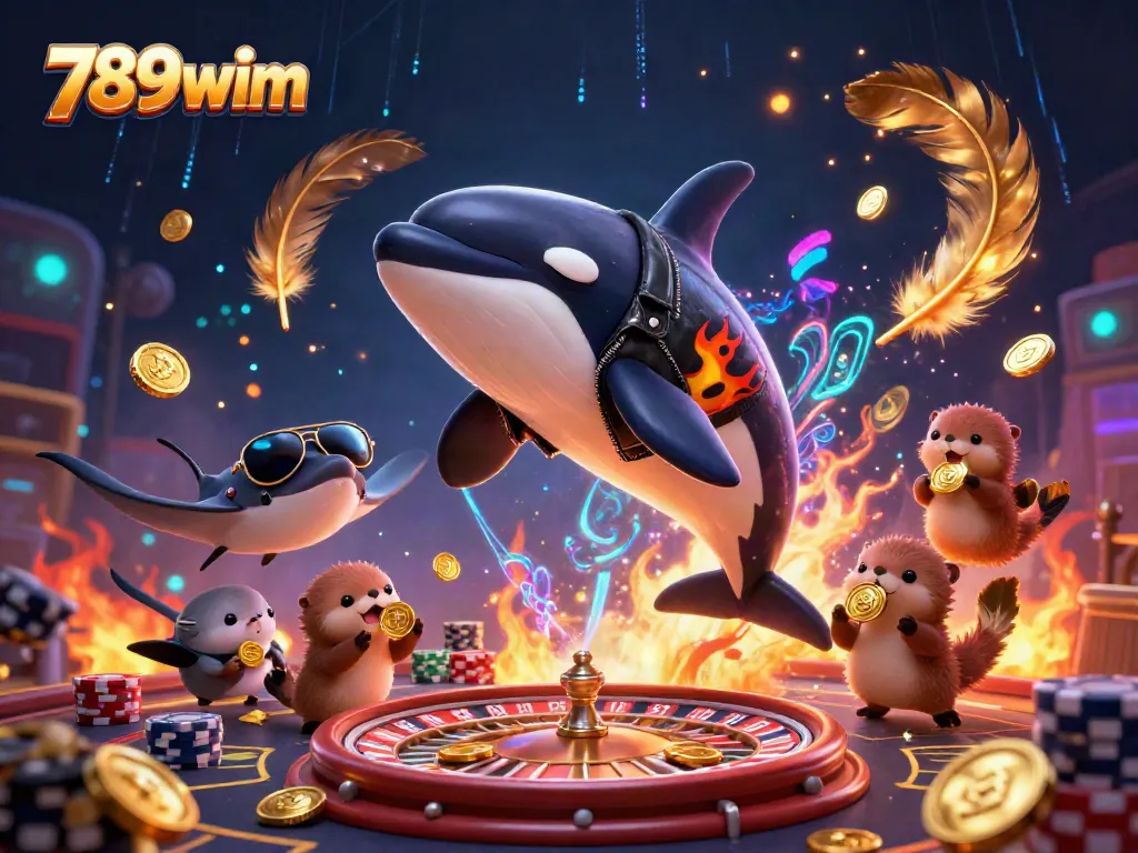 Engaging 3D illustration of orca, stingray, and otters celebrating while promoting entertainment at 789wim casino.