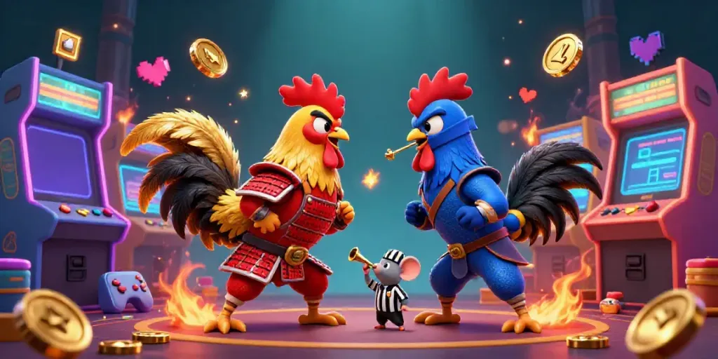 Engage with sunwin as cartoon roosters in combat showcase thrilling gaming moments amidst vibrant arcade elements.