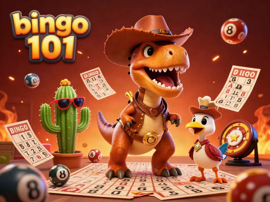 Engage with bingo 101 alongside a cowboy dinosaur in a colorful bingo scene filled with games and prizes.