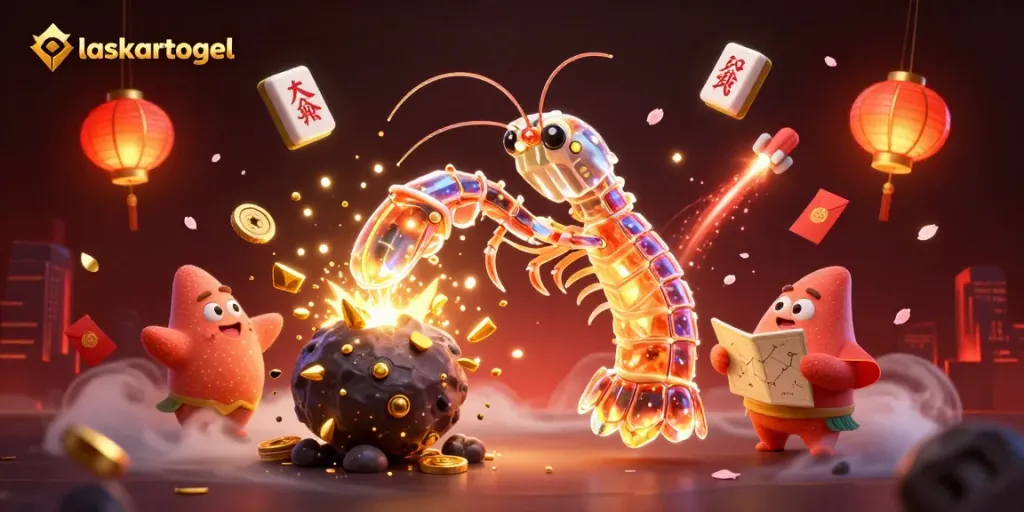Join the exhilarating action at laskartogel with a dynamic scene of a galactic mantis shrimp navigating a space of treasure.