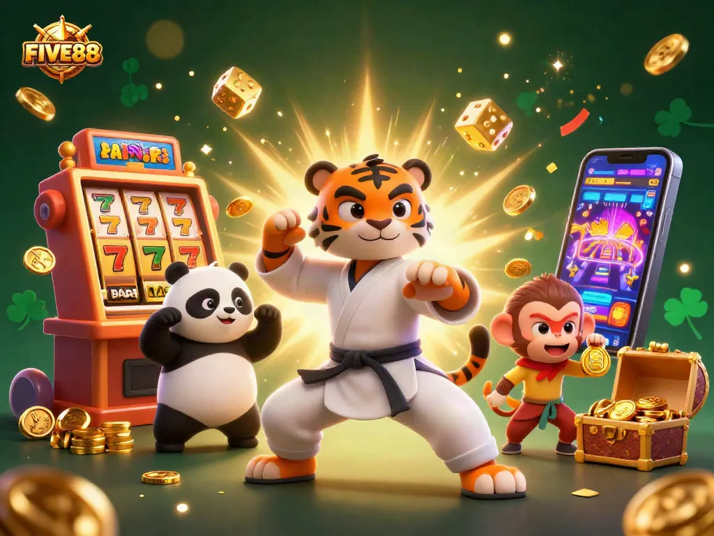 FIVE88 slots adventure with kung fu characters, bursting jackpot celebration, and engaging casino elements.