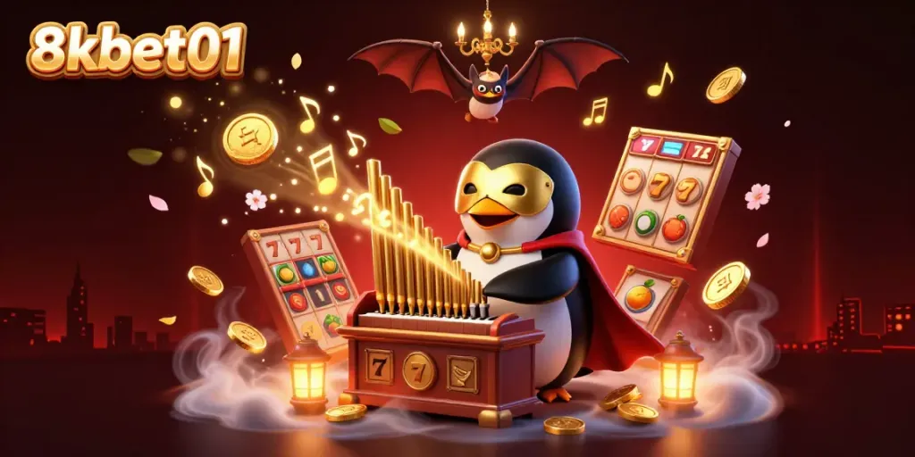Experience excitement at 8kbet01 with a vibrant casino illustration featuring a penguin and dynamic symbols.