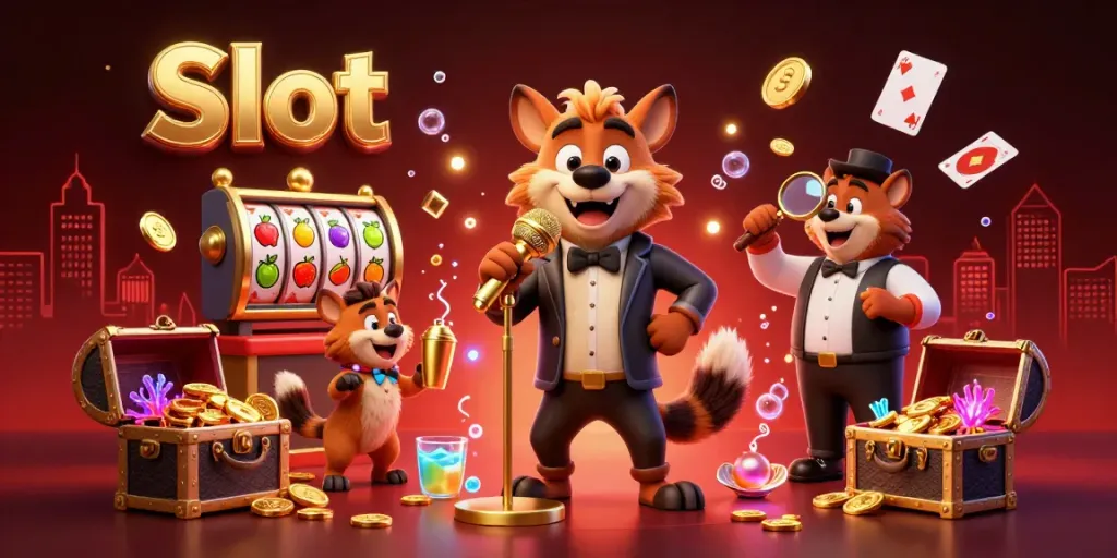 Hyenas in a comedy casino club featuring slot elements, creating a vibrant gambling atmosphere.