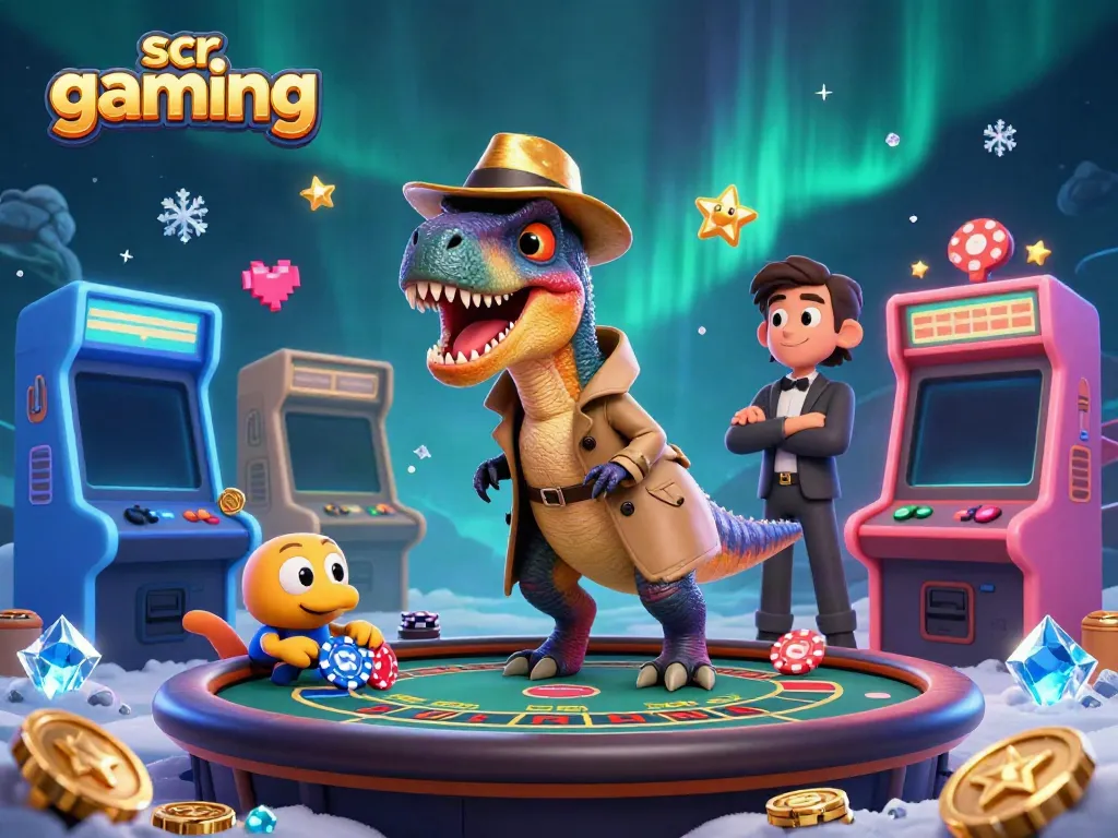 Experience thrilling scr gaming action with a sneaky pickpocket and a velociraptor at a blackjack table.