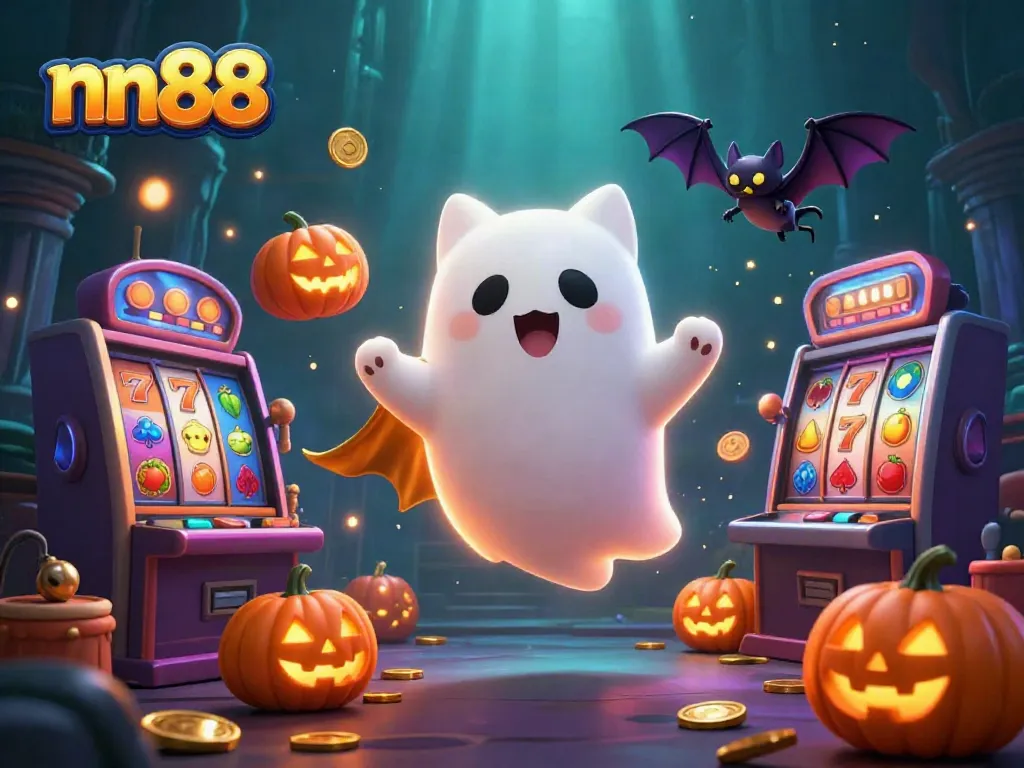 Experience nn88 with a whimsical ghost cat and bat amidst a vibrant haunted casino filled with slot games.