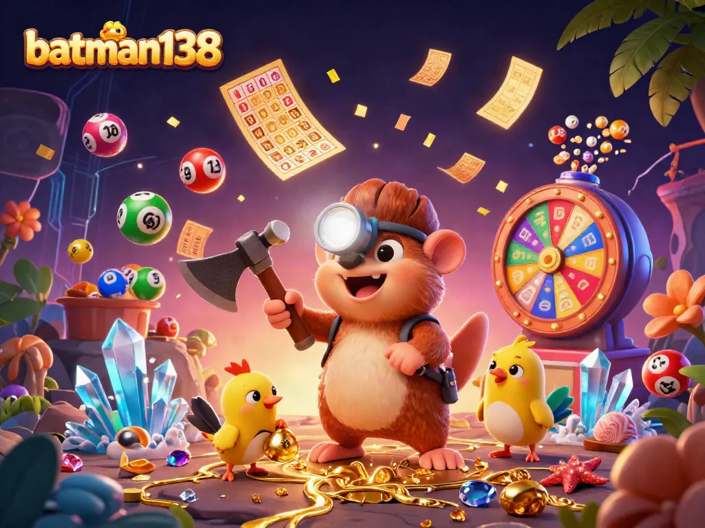 Experience the excitement of batman138 with vibrant gambling elements and characters in a captivating cave scene.