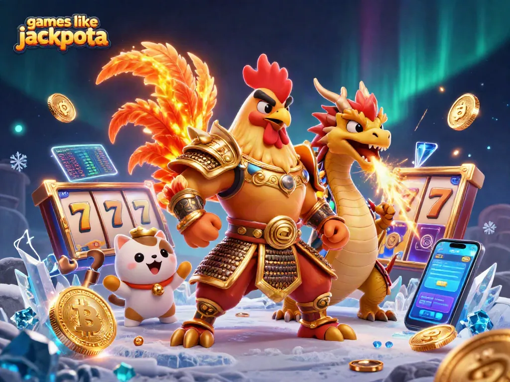 Experience games like jackpota with an exciting scene featuring bonus slots, coins, and animated characters.