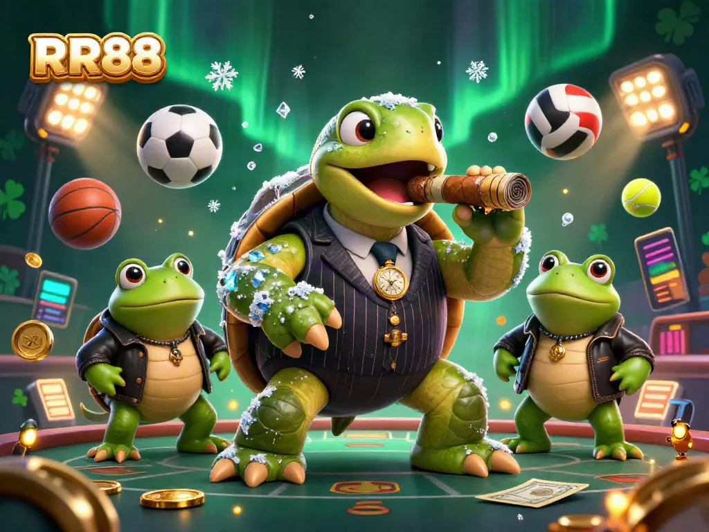 RR88 showcases a 3D cartoon snapping turtle in a mobster suit, surrounded by dynamic sports elements.