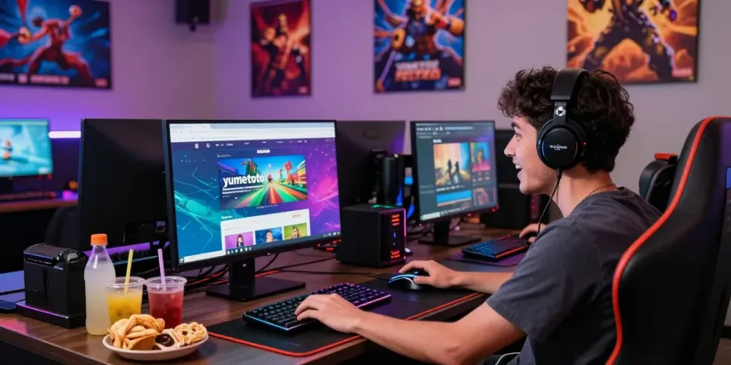 Engaging gaming lounge atmosphere featuring a player immersed in yumetoto online gameplay with colorful LED lights.