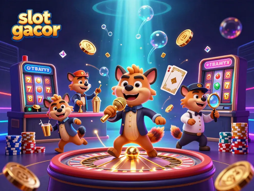 Slot gacor menampilkan hyena di klub kasino dengan alat permainan, emas, dan simbol buah.