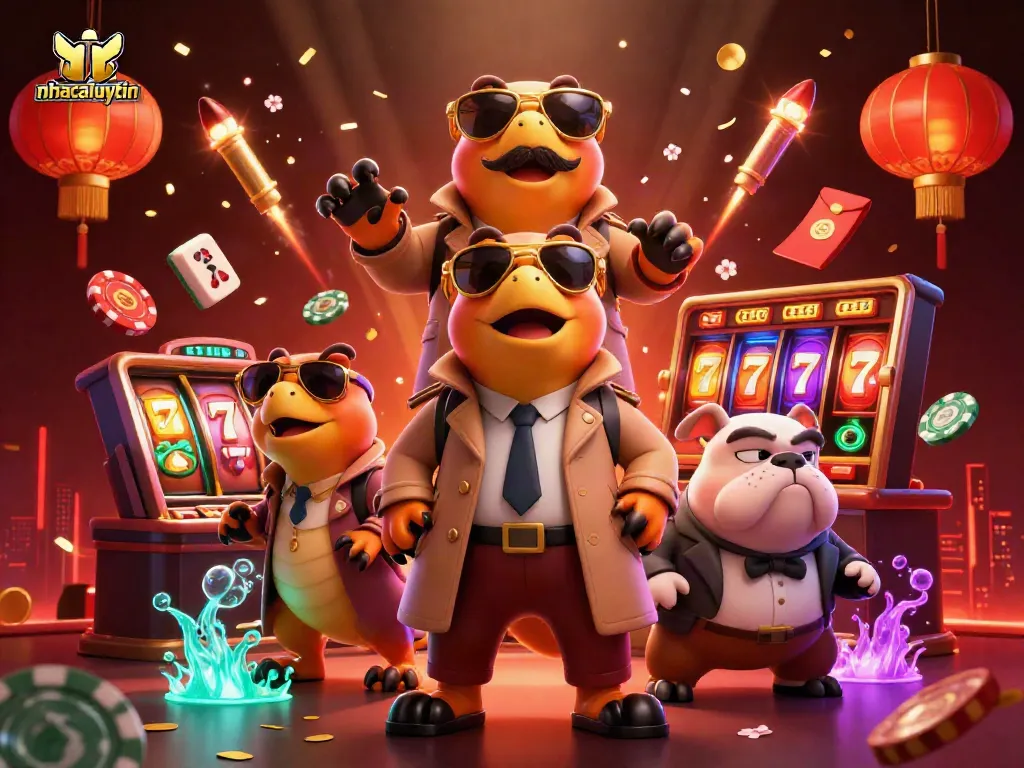 nhacaiuytin showcases raptors in a trench coat at a casino lounge surrounded by slot elements.