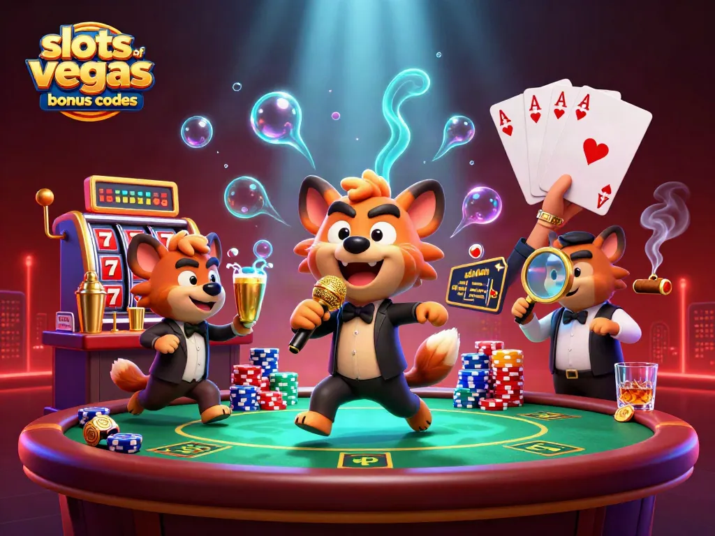 Experience slots of vegas bonus codes with lively hyenas in a vibrant casino scene mixing drinks and telling jokes.
