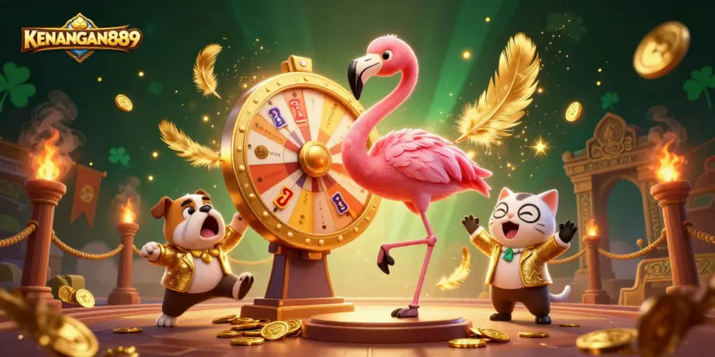 KENANGAN889 spins the golden prize wheel with excitement in this vibrant casino scene.