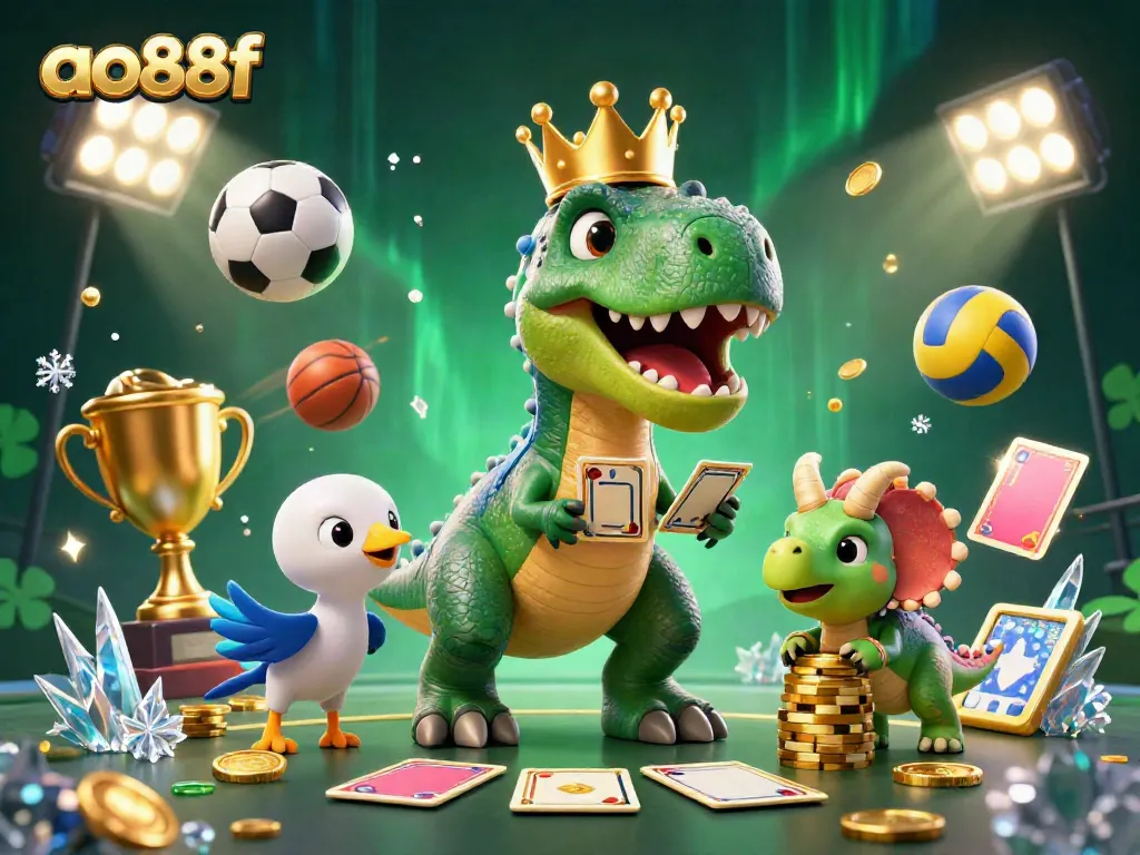 Join the excitement at ao88f with a captivating T-Rex and friends in a dynamic casino scene.