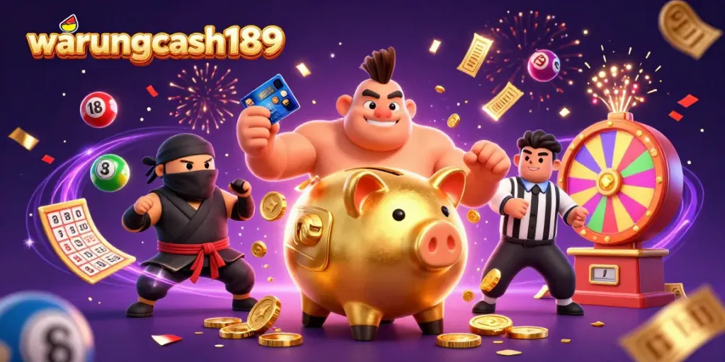 Experience the excitement of warungcash189 as the golden piggy bank sumo wrestler dances amidst a shower of coins and dynamic game elements.