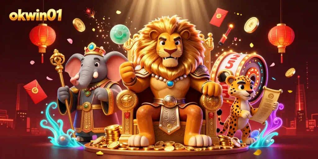 okwin01 showcases a vibrant 3D illustration featuring a lion king and casino elements, perfect for online gaming.
