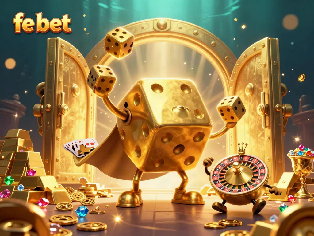 Experience thrilling wins with fe bet in a vibrant casino adventure illustration of lively characters and riches.