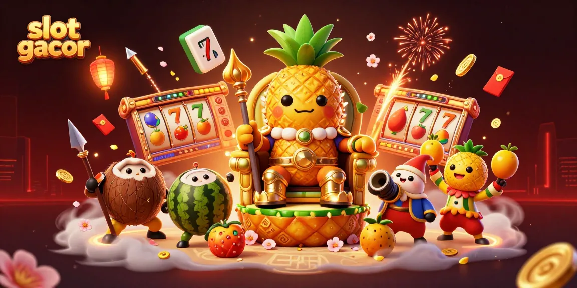 Temukan slot gacor dengan ilustrasi raja nanas emas dan elemen kasino ceria.
