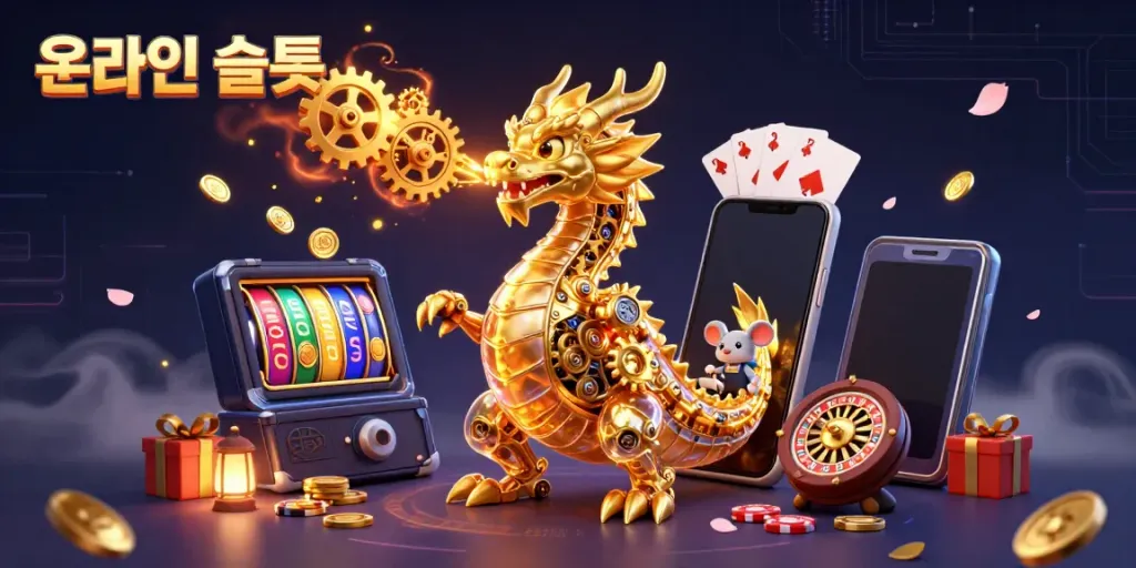 온라인슬롯의 황금 용과 슬롯 게임을 즐기는 모습을 담은 3D 일러스트