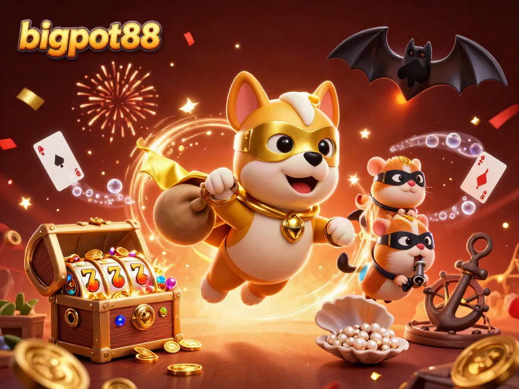 bigpot88 menghadirkan kegembiraan dengan slot dan hadiah emas dalam ilustrasi kasino yang menarik.