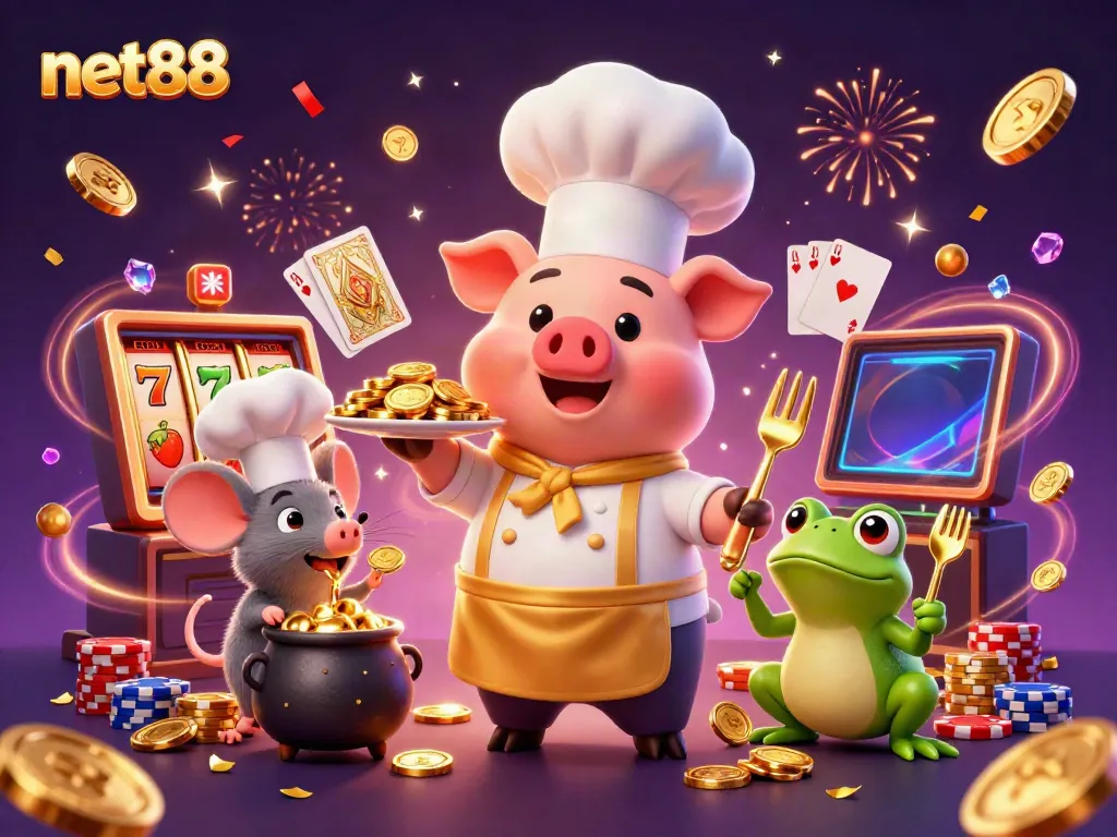Experience net88 excitement with a chef pig and friends celebrating casino wins with gold coins.