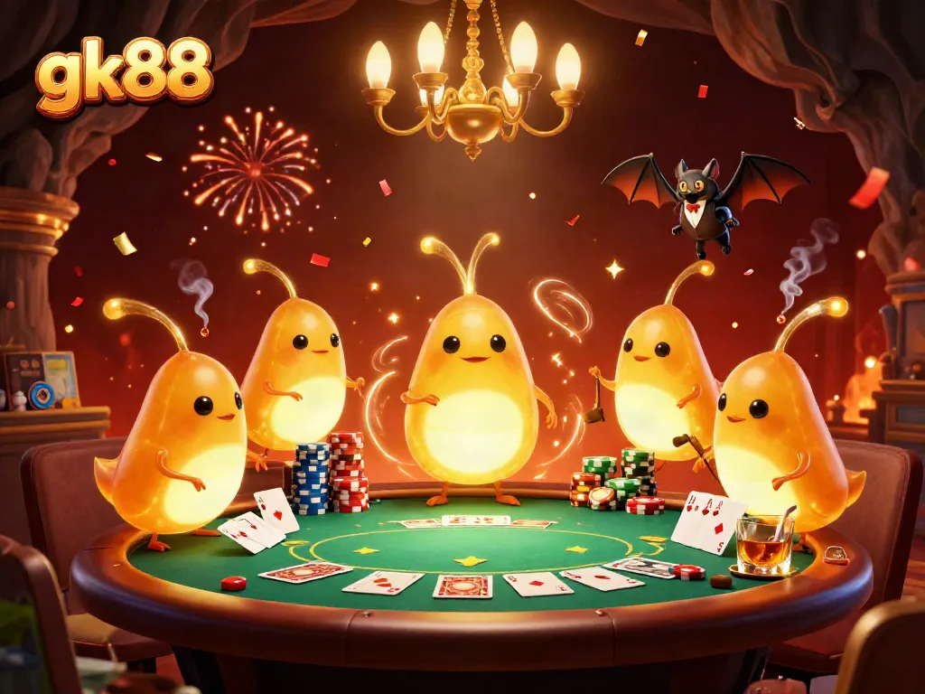 Experience gk88's vibrant casino atmosphere with glowworms illuminating a thrilling poker game.