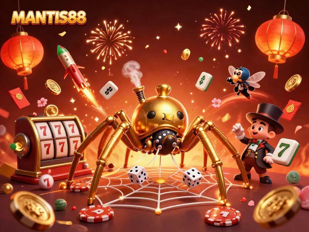 Experience the vibrant energy of MANTIS88 with a stunning 3D illustration showcasing steampunk elements and dynamic casino gaming.