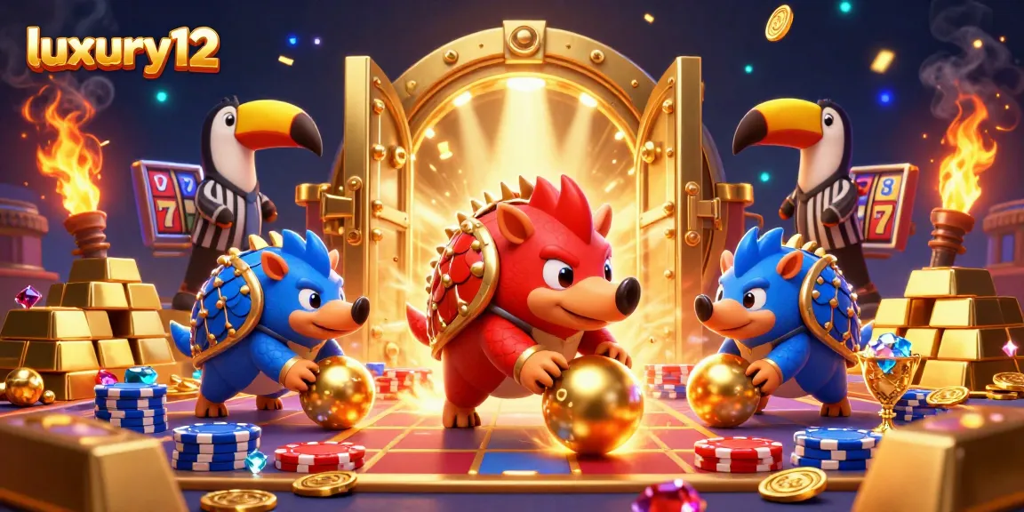 luxury12 showcases rival pangolins competing in a vibrant casino scene with gold treasures.