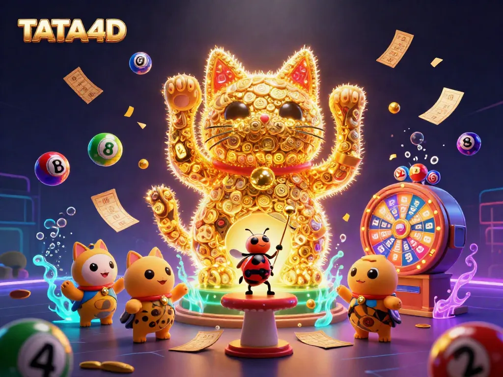 TATA4D invites players to engage with vibrant lottery balls and lively casino icons in a magical scene.