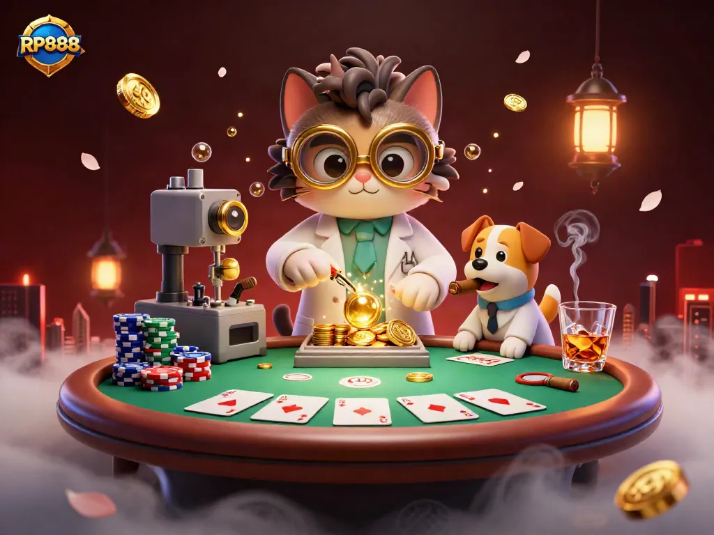 Engage with RP888 in this vibrant casino scene featuring gold coins and poker elements.
