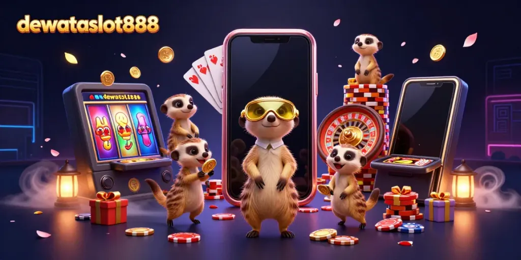 Permainan capsa susun di dewataslot888 dengan karakter meerkat dalam suasana kasino yang ceria dan dinamis.