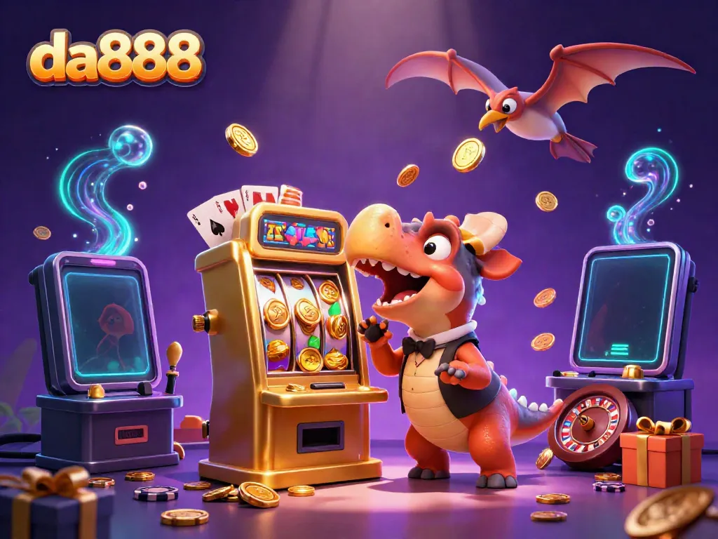 Experience da888 thrills with a pachycephalosaurus celebrating jackpot wins in a dynamic casino scene.