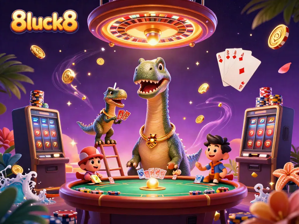 Experience thrilling action at 8luck8 with a dinosaur serving cards and casino elements.