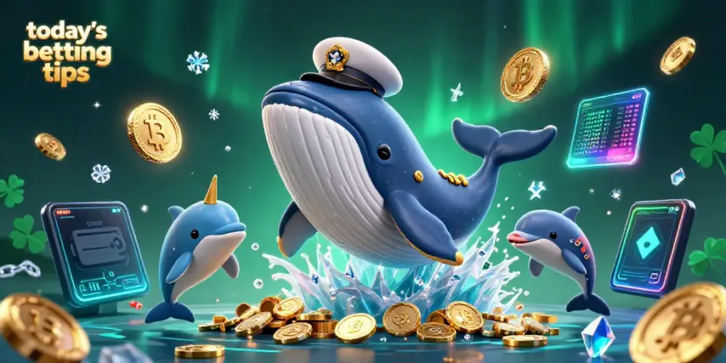 Experience today's betting tips with vibrant casino characters amidst glowing cryptocurrencies and lively visuals.